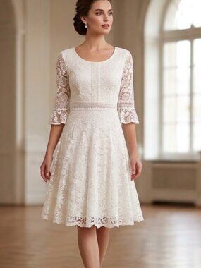 Ivory White Dress Cocktail Party Lace Midi with 3/4 Sleeve Wedding M/L